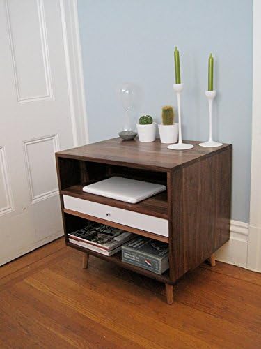 Mid Century Solid Walnut Bedside Storage Cabinet - White Gloss Drawer Front