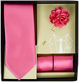 Men's Microfiber Fushia Pink Matching Necktie Tie, Hanky and Lapel Pin Box Set