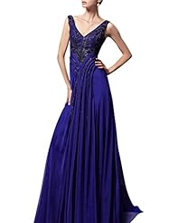 A-line V-neck Cocktail Floor Length Backless Beaded Sleeveless Evening Dress/Homecoming Dress/Pageant Dress/Prom Dress/Party Dress/Wedding Dress 