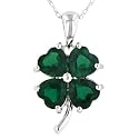 10k White Gold Created Emerald 4 Leaf Clover Pendant, 18"