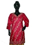 Christmas Giftparty Wear Red Silver Silk Tunic Kurti Bollywood Fashion Casual Dresses Hand Embroidery Size L Christmas Sale