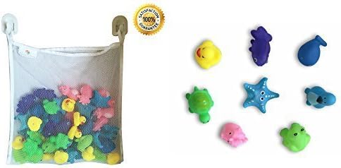 Mom Approved - 8 Sea Baby Animal Friends Bathtime Toys Plus Bath Toy Organizer -Two Durable Hooked Suction Cups Bonus Two Self Mount Adhesive Hooks