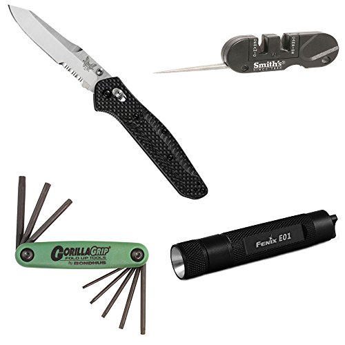 Benchmade Knife 940S-1 (Osborne, Axis, Thumb Stud, Serrated) with Knife Sharpener, GorillaGrip, and Keychain LED Flashlight