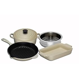 Le Creuset Cast Iron, Steamer and Stoneware Gift Set, 4 Piece, Almond