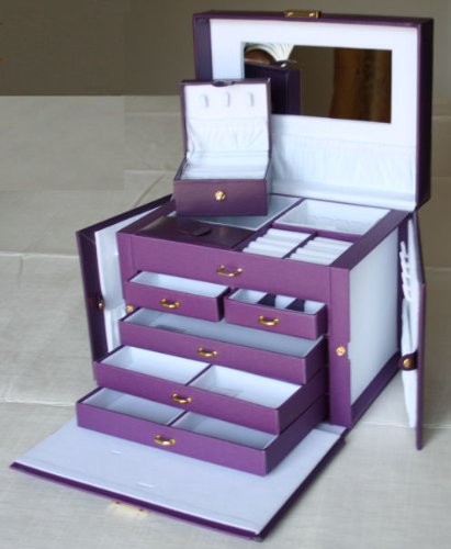 SHINING IMAGE LARGE PURPLE LEATHER JEWELRY BOX / CASE / STORAGE / ORGANIZER WITH TRAVEL CASE AND LOCK