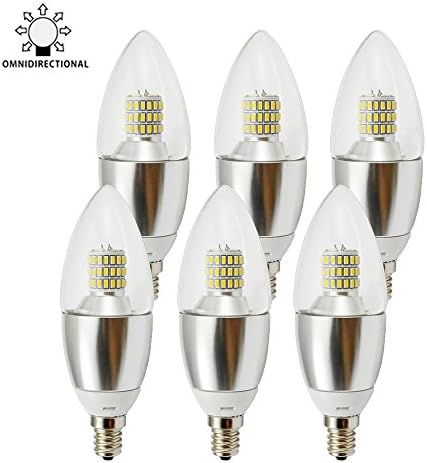 TGM 7W B35 E12 Soft White 3000K LED Candle Bulb, 50W-70W Incandescent Bulb Equivalent,360 degree Omni-directional LED Candelabra Light Bulbs,3 Layers Torpedo Shape,Blunt Tip Silver Alumium lamp body(6 Pack)