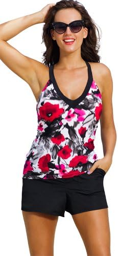 Shore Club Women's Plus Size Poppy Splash V-Neck Sport Cargo Shortini Multi 16