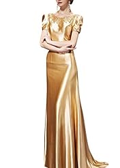 A-line Scoop Neck Satin/Silk Sequined Cocktail Floor Length Cap Sleeves Homecoming Dress/Pageant Dress/Prom Dress/Party Dress/Wedding Dress 