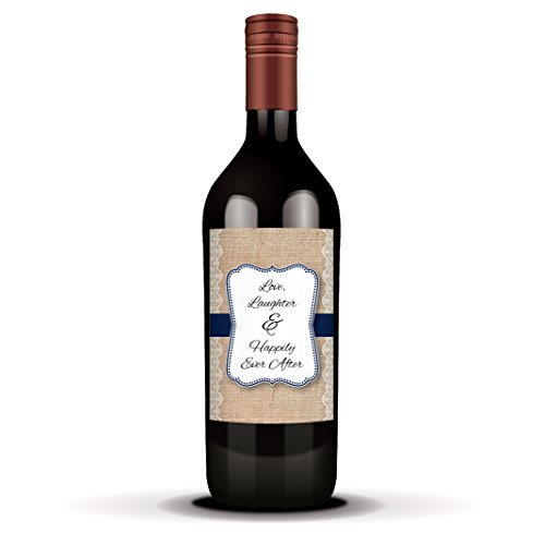 6 Wine Labels; Burlap & Lace “Love, Laughter & Happily Ever After” (Navy Blue)
