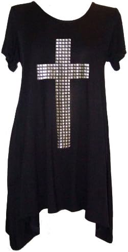 Black Short Sleeve Gothic Studded Cross Long Asymmetric Top T Shirt Size 14