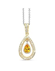 Twin Pear Shaped Diamond Pendant In 18K Yellow Gold With A 0.65 ct. Genuine Citrine Center Stone.