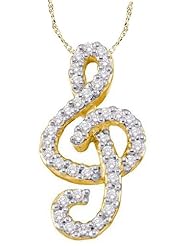 14k Yellow Gold Round Diamond Treble Clef Music Note Fashion Pendant with 18" Chain Womens Ladies - .30 (1/3) Ct.t.w.