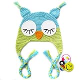 KF Baby Animal Beanie Hat, with Ear Flaps and Braids, Owl, Blue and Green + FREE Gift of 4 Pinback Buttons