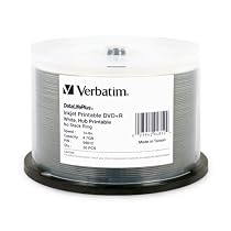 Verbatim DVD+R 4.7GB 8X DataLifePlus White Inkjet Printable, Hub Printable 50pk Spindle
