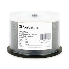 Verbatim DVD+R 4.7GB 8X DataLifePlus White Inkjet Printable, Hub Printable 50pk Spindle