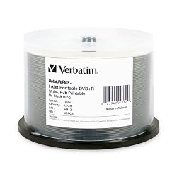 Verbatim DVD+R 4.7GB 8X DataLifePlus White Inkjet Printable, Hub Printable 50pk Spindle