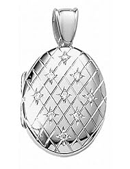 14k White Gold Premium Weight Engraved Diamond Oval Picture Locket 2/3 inch x 3/4 inch