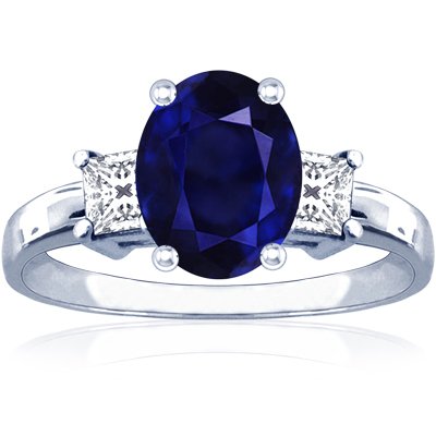 14K White Gold Oval Cut Blue Sapphire Three Stone Ring
