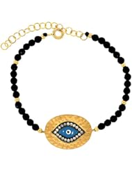 18K Yellow Gold 0.16Ct White Diamond Black Bead Evil Eye Charm Bracelet 7" 5.7Gr