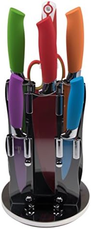 Premium Rainbow Color Stainless Steel 7 Piece Kitchen Essentials Knife Set with Stand, Sharpener, and Scissors