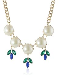 Gold-Tone Simulated Cream Pearl Faceted Glass Frontal Necklace, 19.5"