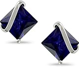 10k White Gold Square Created Sapphire Earrings