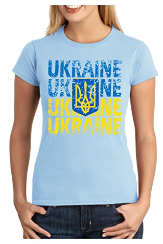 OM3 – UKRAINE – Damen T-Shirt tailliert – UKRAJINA EM 2016 FRANKREICH FRANCE FUSSBALL FANSHIRT SOCCER SPORT TRIKOT EUROPAMEISTER, M, hellblau