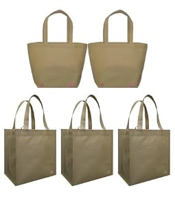 2 Latte Reusable Shoulder Tote Bags+3 Latte Grocery Tote Bag Combo Pack