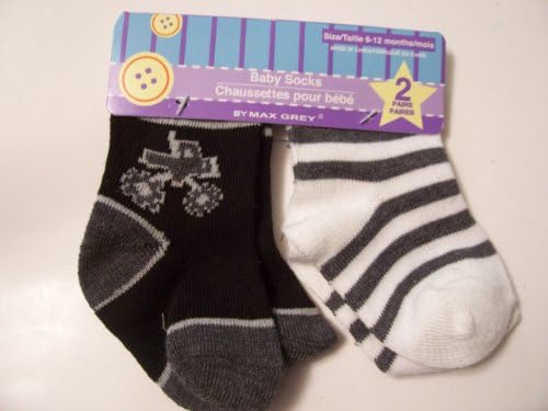 Max Grey Baby Socks ~ Set of 2, 6-12 Months (Gray Monster Truck on Black; Gray Stripes on White)