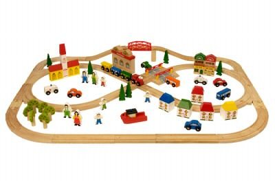 BigJigs Complete Wooden Train Railway System - 101 Piece Town & Country Train Set (Compatible with leading wooden rail systems) - Wooden Toy