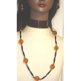 Large Amber and Small Gold Beads Necklace By Dylan and Earrings for Women and Teens
