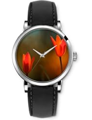 SPRAWL Aanalog Fashion Series Silver Ladies Watches of Genuine Black Leather Strap,Unique Wrist Watch for Women Girls Designed with Flower in full bloom