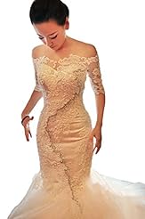 Sexy Tulle Mermaid Lace Ruched  Long Sleeves Off the Shoulder Wedding Dress  With Pearls