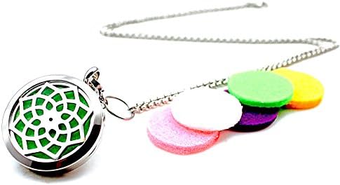 Aromatherapy Essential Oil Diffuser Necklace Pendant Locket 316L Stainless Steel Gift Set With 24" Chain and 5 Washable Cotton Pads (Sunflower Pattern)