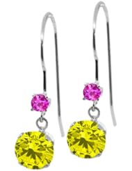 1.26 Ct Round Canary Diamond Pink Sapphire 14K White Gold Earrings