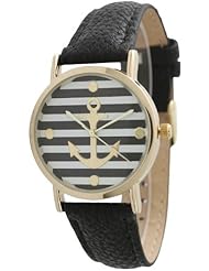 Womens Geneva Striped Anchor Style Leather Watch - Black