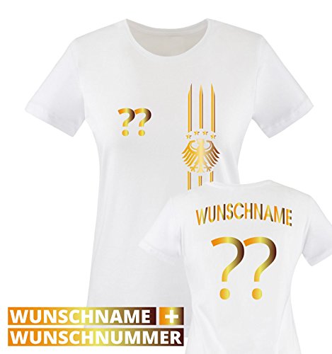 TRIKOT – MOTIV1 – DE – WUNSCHDRUCK – Damen T-Shirt – Weiss / Gold Gr. XL