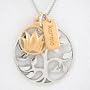 Tree of Life, Lotus Flower & Karma Charm Necklace in Sterling Silver and Gold Vermeil on a 20" Rhodium and Sterling Box Chain, #8460
