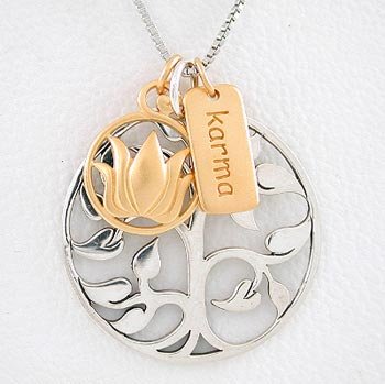 Tree of Life, Lotus Flower & Karma Charm Necklace in Sterling Silver and Vermeil on 20 Rhodium and Sterling Box Chain, #8460