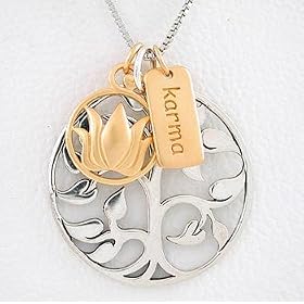 Tree of Life, Lotus Flower & Karma Charm Necklace in in Sterling Silver and Vermeil on 18" Rhodium and Sterling Box Chain, #8460