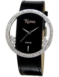 Ladies Designer Watch Black Leather Strap Clear Dial with Moving Swarovski Crystals - RCW0070