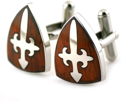 Sirius Jewelry Mens Cuff Links Classic Cross Peltate Shield Stainless Steel & Red Wood Cufflinks with Nice Gift Case
