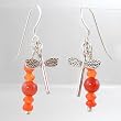 Dragonfly and Carnelian Gemsotne Bead Dangle Earrings in Sterling Silver, #8840