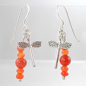 Dragonfly and Carnelian Gemsotne Bead Dangle Earrings in Sterling Silver, #8840