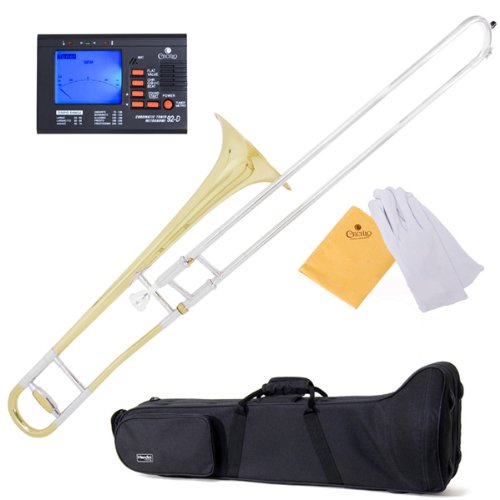 Mendini MTB-22L Gold Lacquered B Flat Trombone + Case, Chromatic Tuner w/ Metronome, Cleaning Cloth, & a Pair of Gloves