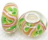 Bleek2Sheek Murano Glass Green flowers on Yellow Charm Beads (set of 2) Fits Pandora