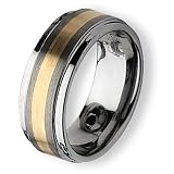 Ridged Edge Brushed and Polished Tungsten Carbide Ring with 14K Gold Inlay (9.0 mm) With Wood Box - Sizes 7-13