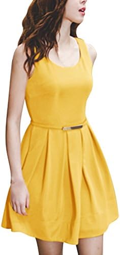 Lady Sleeveless Ruched Detail Hidden Zip Closure Fit and Flare Dress w Belt