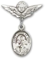 Sterling Silver Baby Badge with St. John of God Charm and Angel with Wings Badge Pin