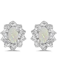 10k White Gold Oval Opal And Diamond Earrings